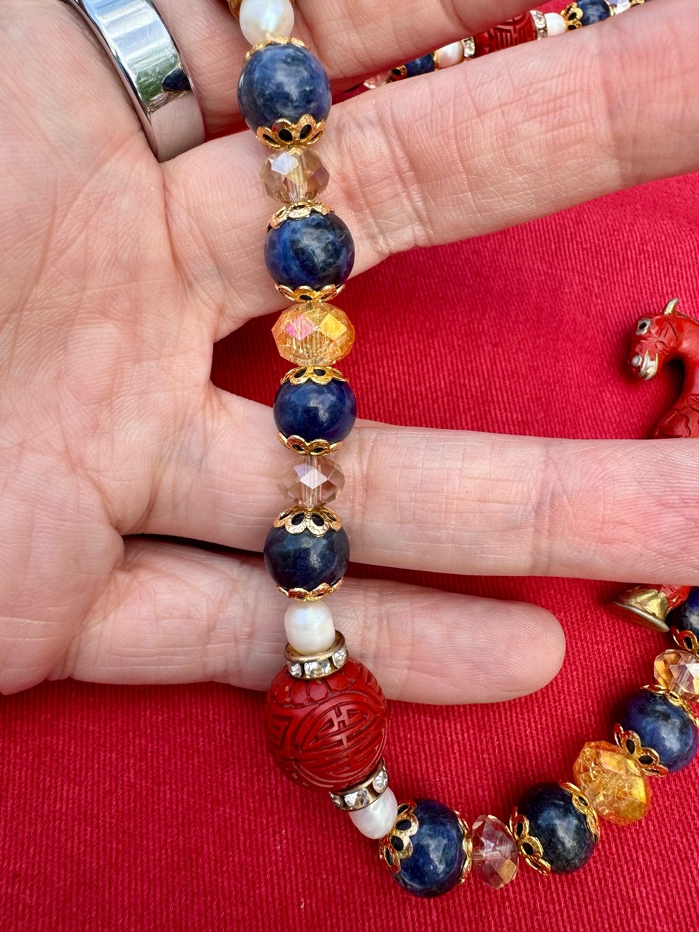 Artisan Cinnabar & Cloisonné Horse with Sodalite & Crackle Glass Beaded Set 🧁 - Picture 4 of 11